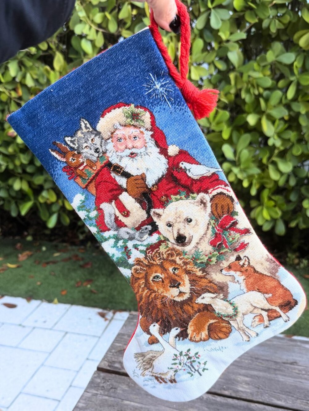 Vintage Woodland Style Santa Animals Needlepoint Embroidered Christmas Stocking